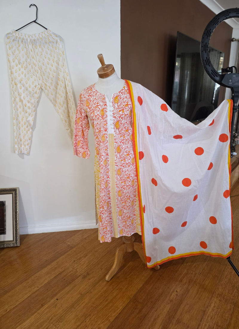Cotton Block Printed Salwar Suit – White & Orange
