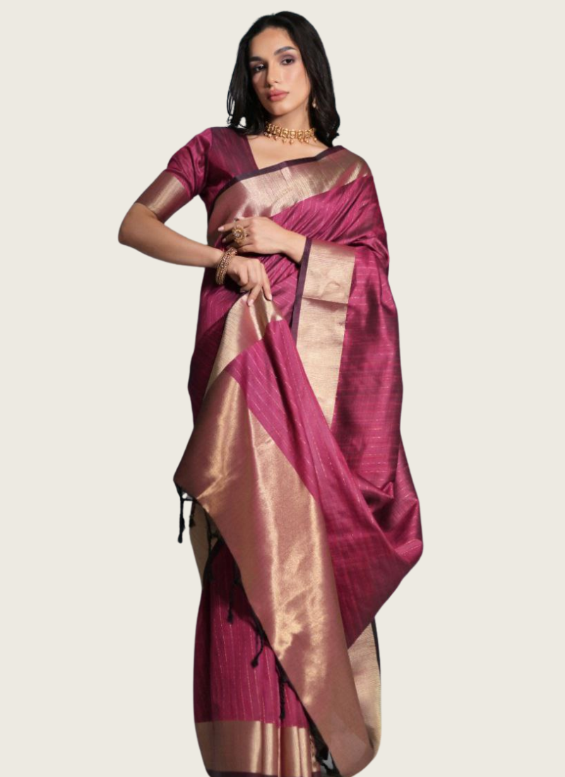 Magenta Banarasi Silk Saree with Zari Weaving, Border & Pallu + Running Blouse Piece