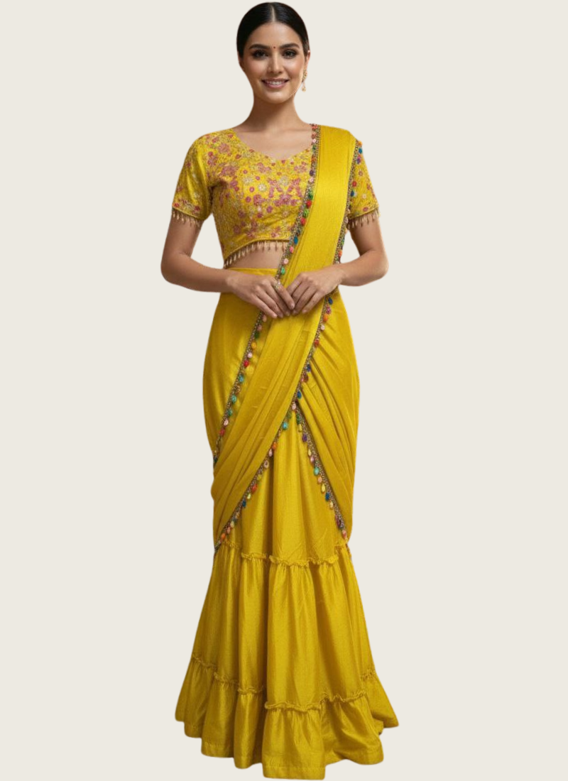 Premium Chinon Silk Lehenga Saree with Ruffles & Embroidered Blouse | Gleemiunfashion