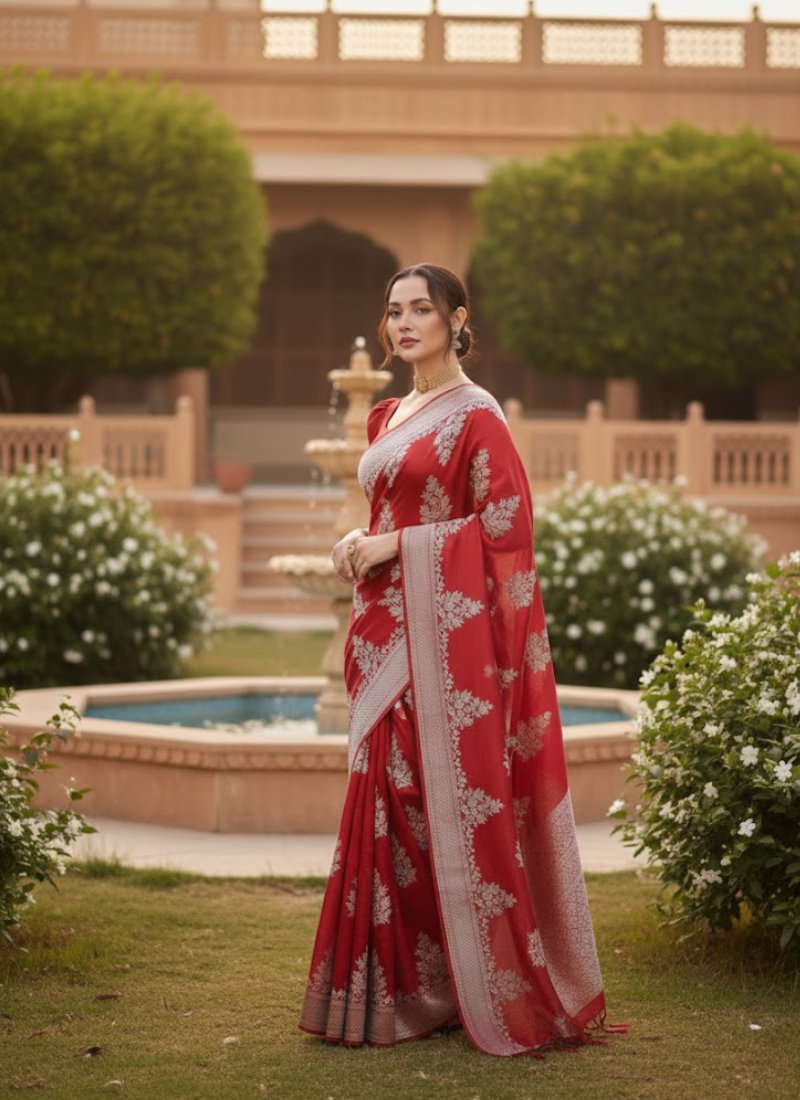 Red Maslin Saree with Golden & White Thread Work