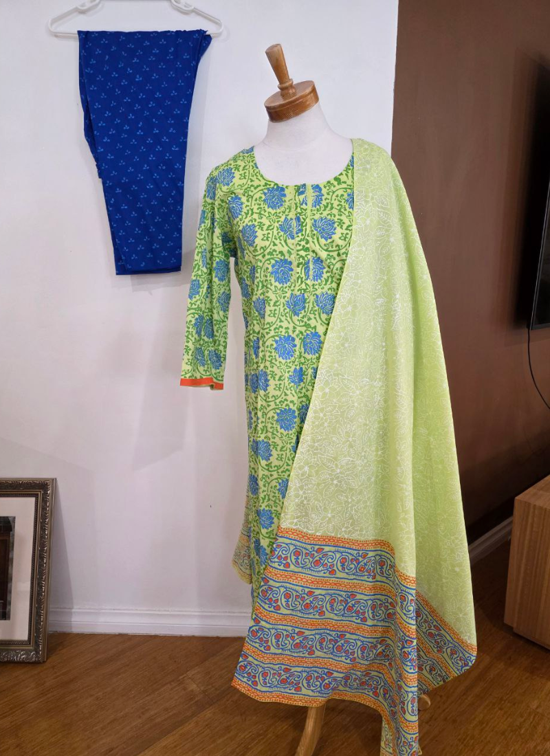 Cotton Block Printed Salwar Suit – Lemon & Blue