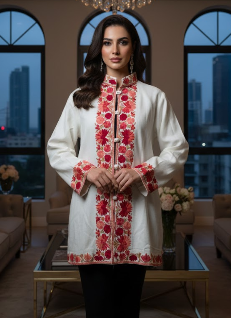 Kashmiri Pashmina Half Coat – Embroidered White