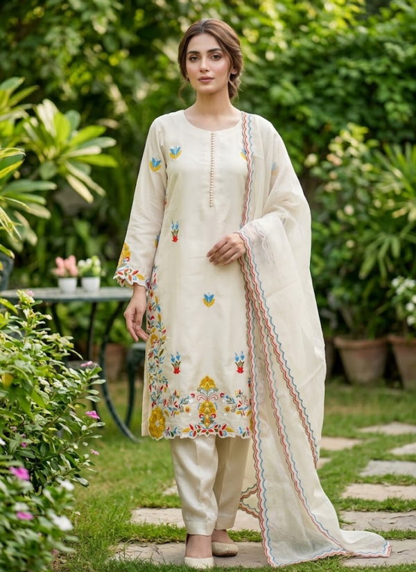 Pakistani Glass Roman Suit – Embroidered Kurta with Pant & Dupatta, Women's Fashion: Indian Women's Clothing Australia