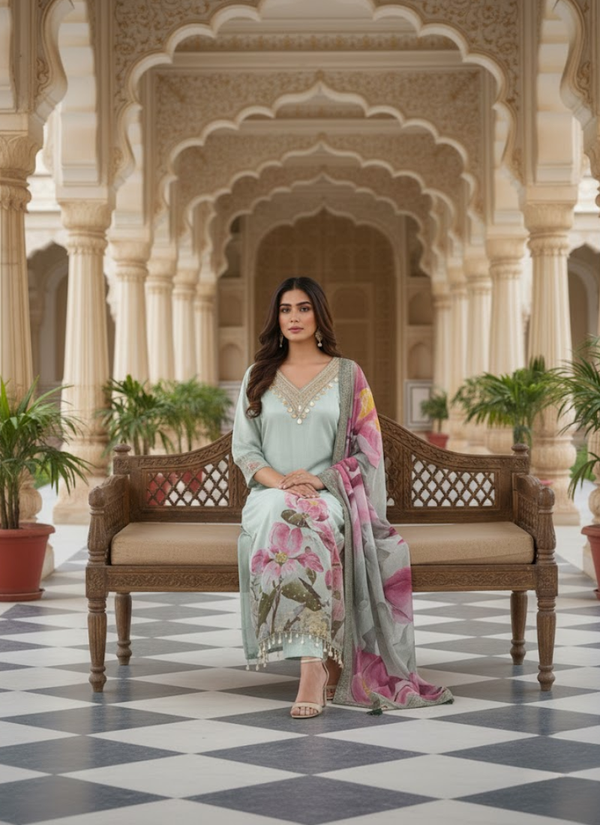 Light Purple Salwar Kameez with Embroidery & Printed Dupatta