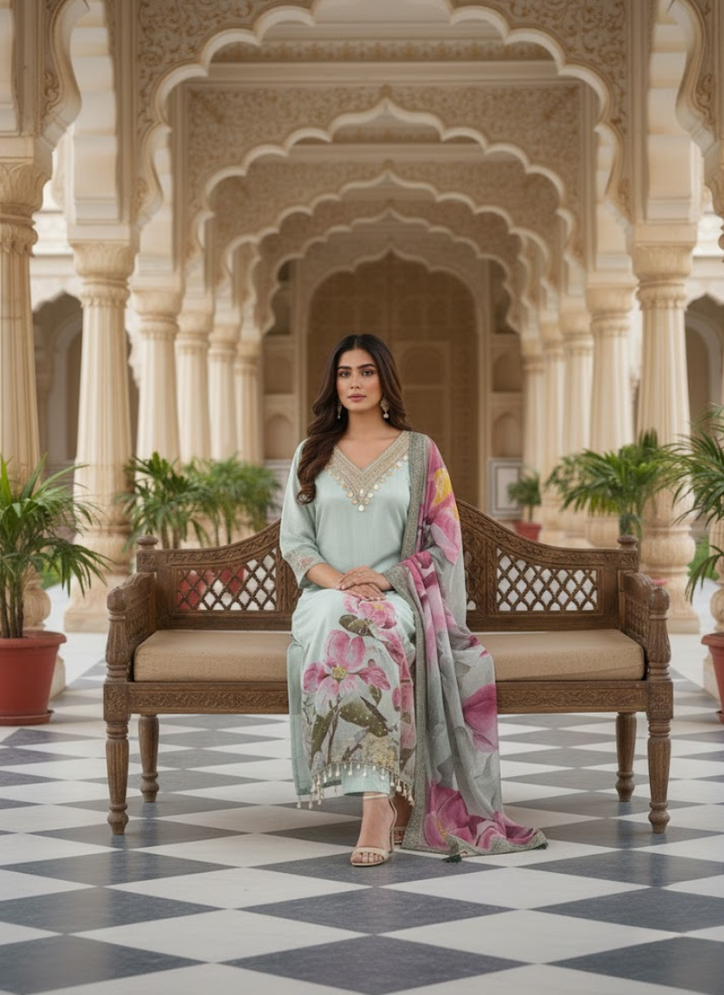 Light Purple Salwar Kameez with Embroidery & Printed Dupatta