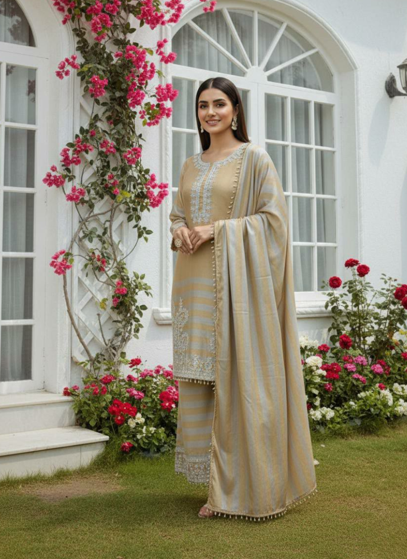 Velvet Embroidered Palazzo Suit with Twill Net Dupatta