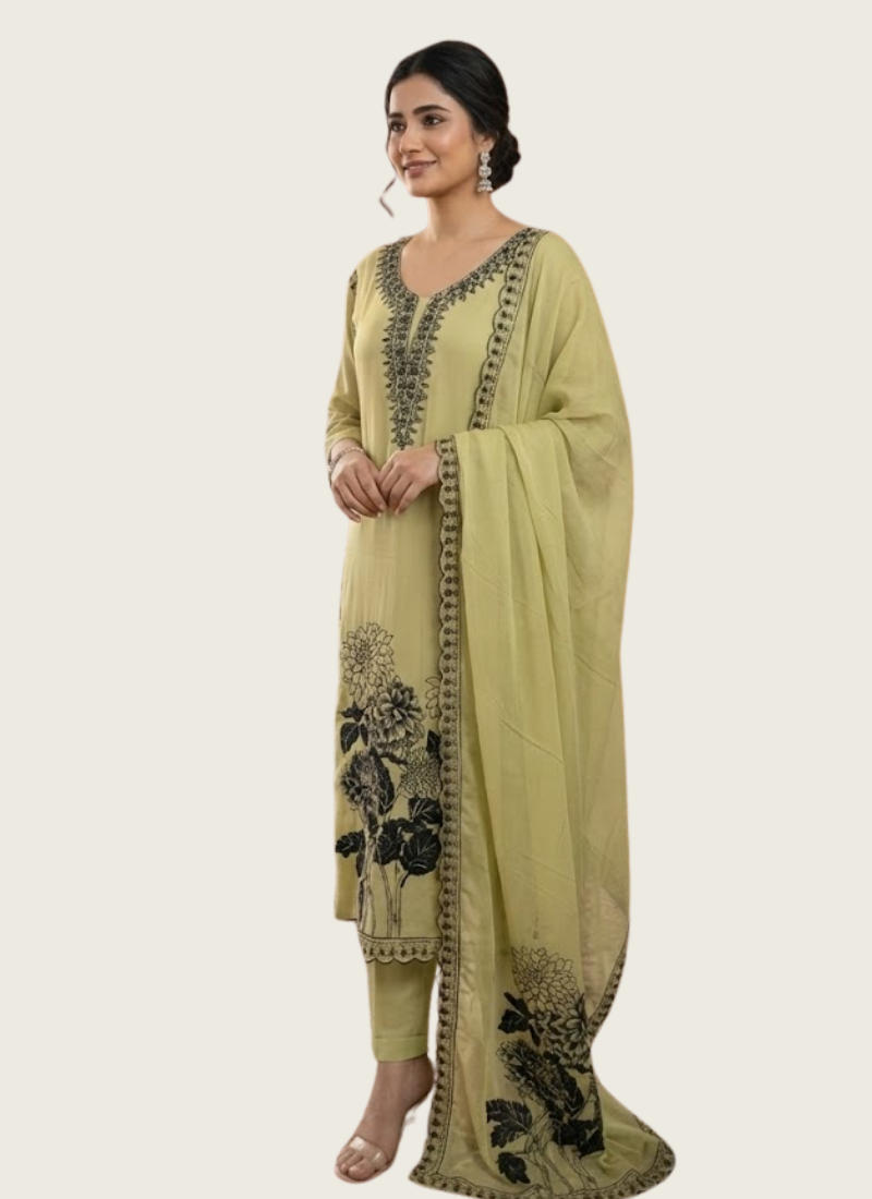 Light Lemon Maslin Salwar Suit with Black Thread Embroidery