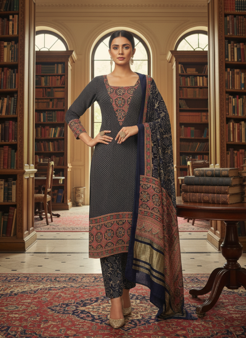 Pure Modal Ajrak Salwar Kameez Suit – Navy Blue with Dupatta