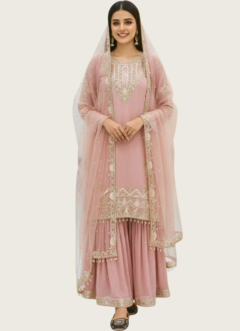 Faux Georgette Sharara Suit with Sequins & Pearl Moti Hand Work + Dupatta
