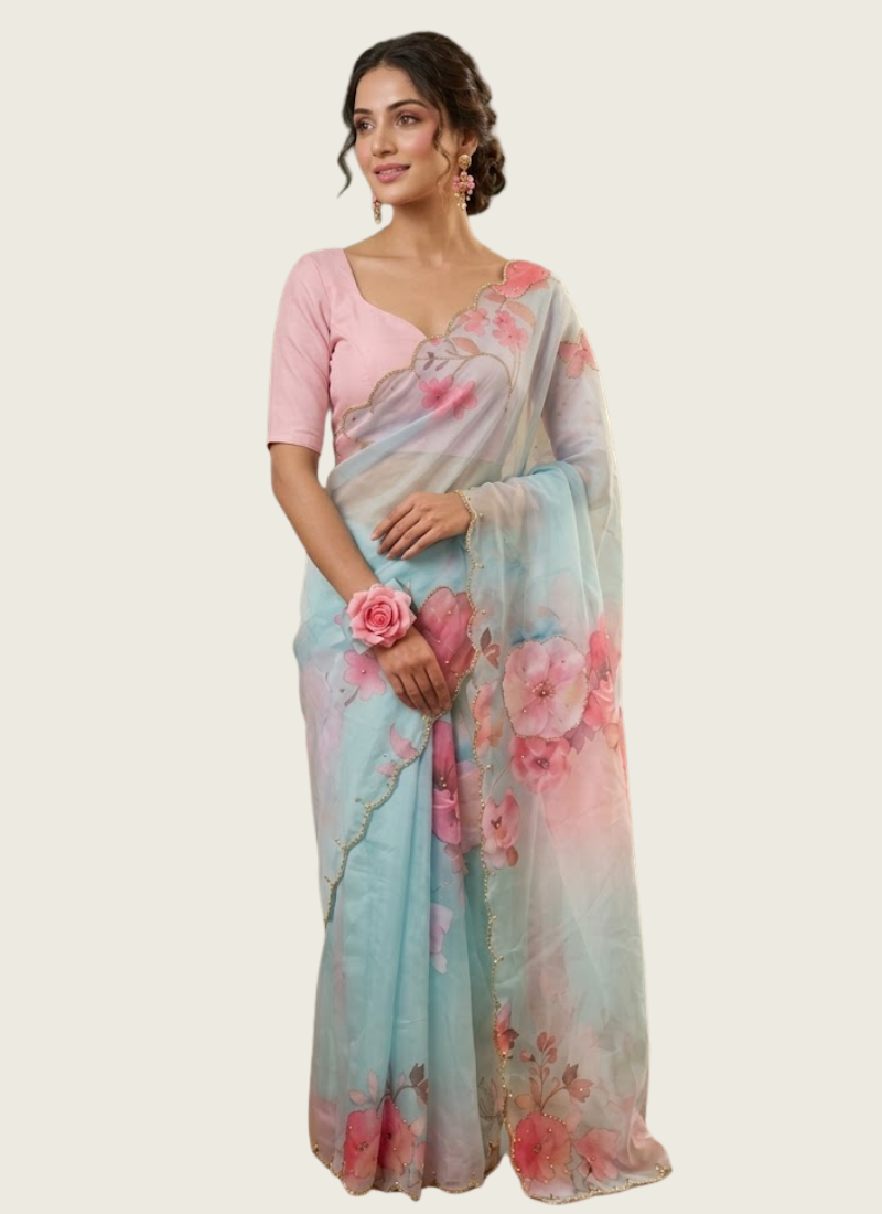 Pastel Maslin Saree with Pipe Sequins Hand Work, buy saree in Perth Australia