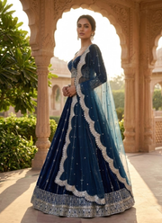 Royal Blue Faux Georgette Lehenga Choli with Thread & Sequins Embroidery + Net Dupatta 2