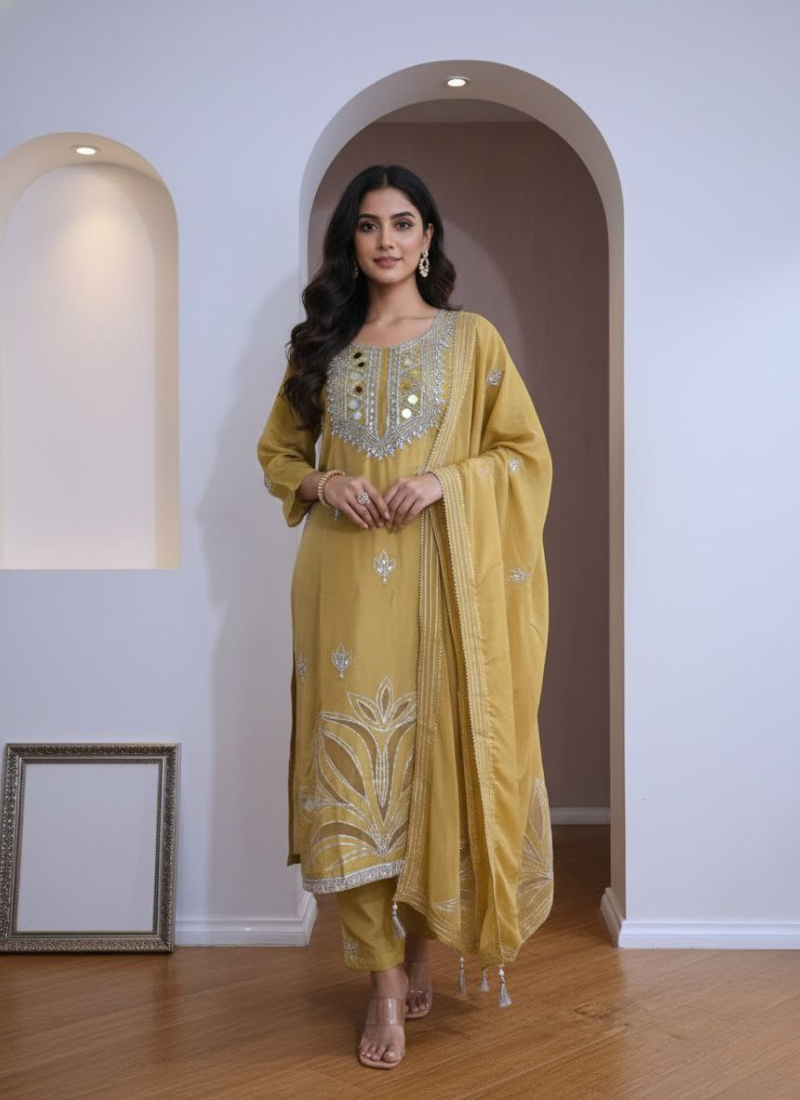 Pakistani Chinon Silk Salwar Suit with Mirror & Cut Work