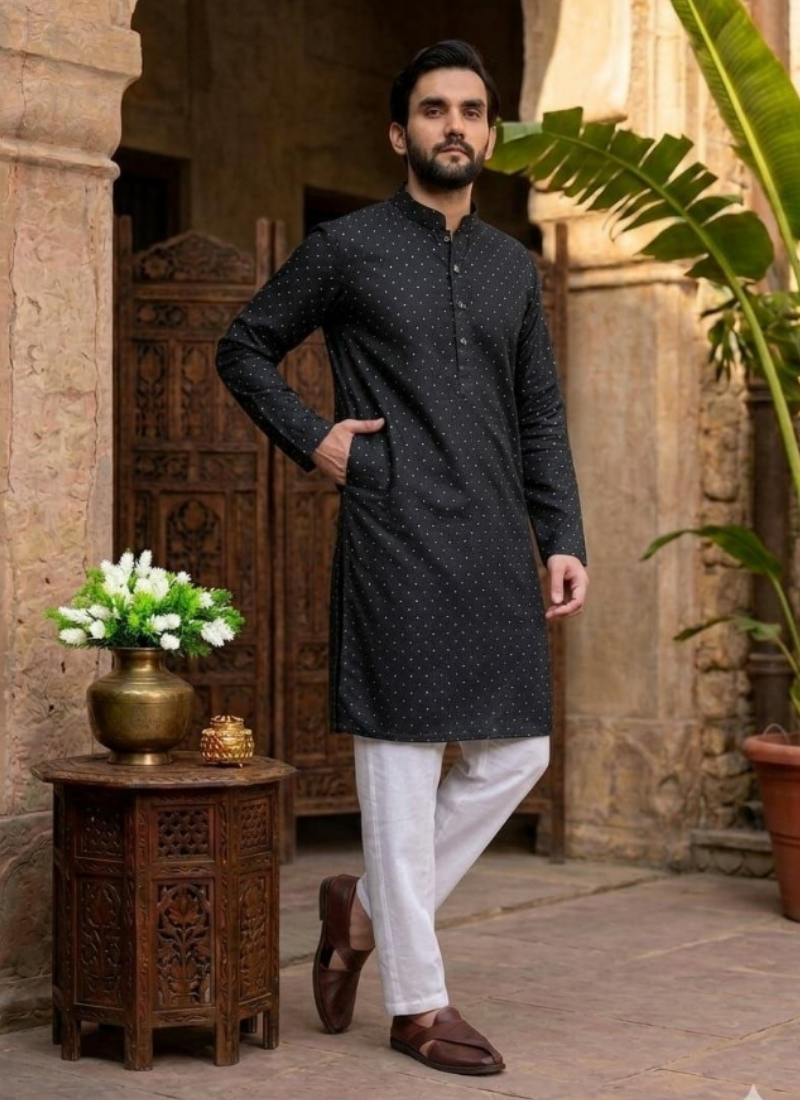 Black Dotted Jacquard Kurta Pajama for Men Australia