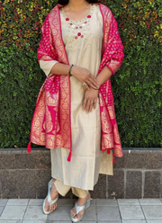 Cream Roman Silk Punjabi Suit with Handwork & Jacquard Dupatta 3