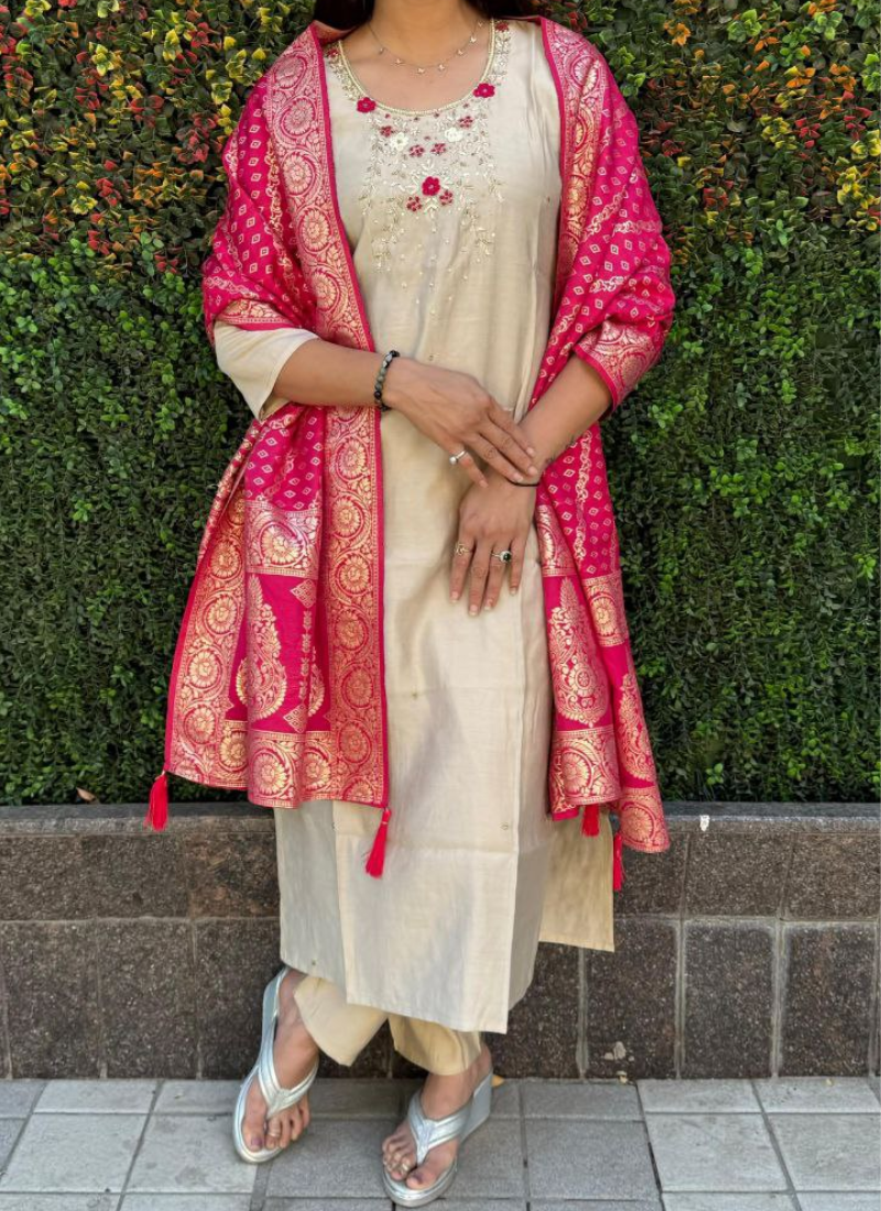 Cream Roman Silk Punjabi Suit with Handwork & Jacquard Dupatta