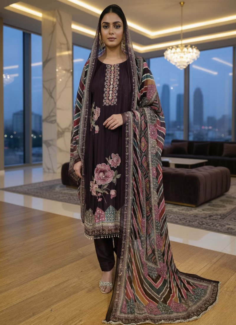 Silk Salwar Suit – Hand Embroidery with Chiffon Dupatta