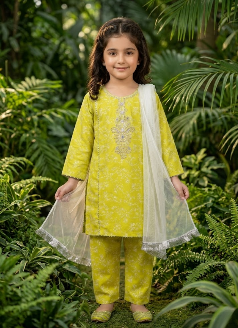 Girl’s 3‑Piece Embroidered Cotton Midi Shirt Set, Premium girls ethnic wear Australia