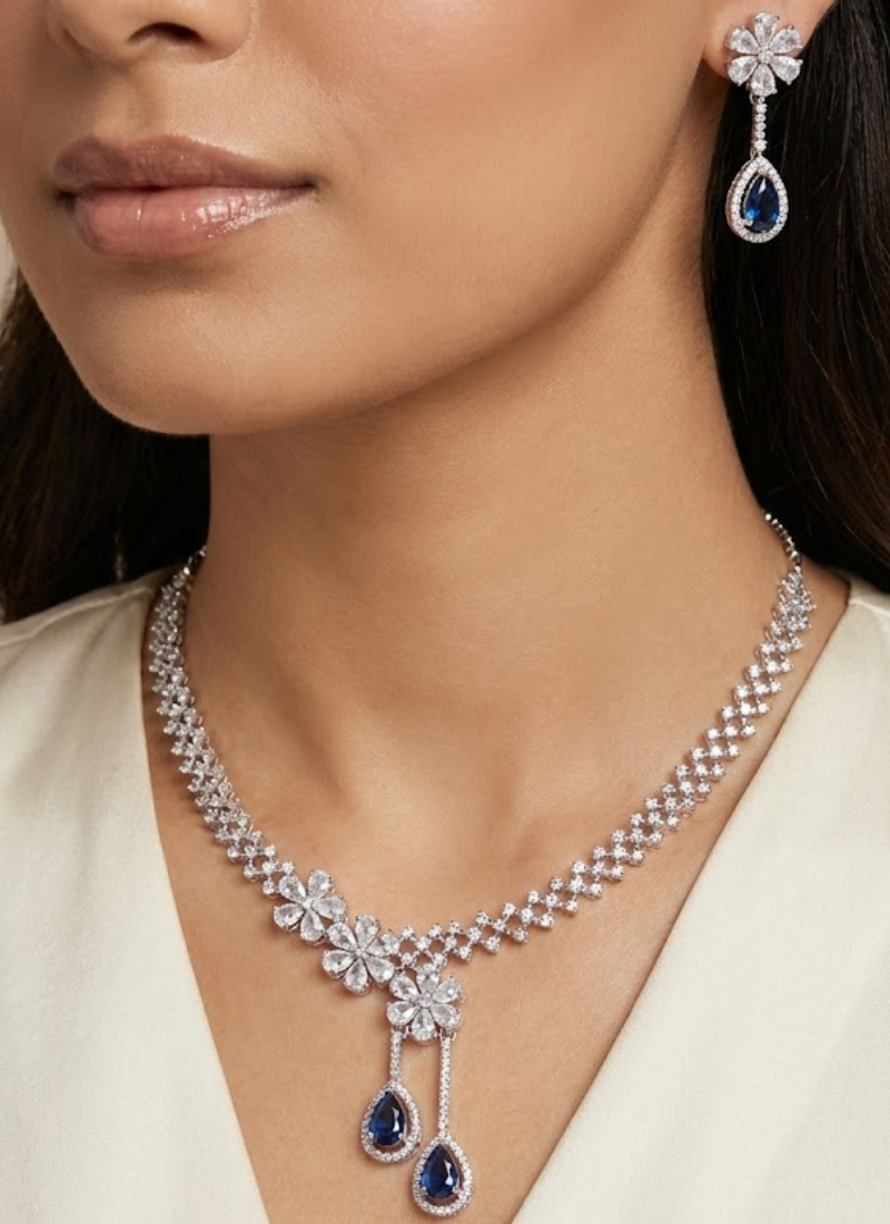 Diamond Cut Necklace & Earring Set with Blue Stone