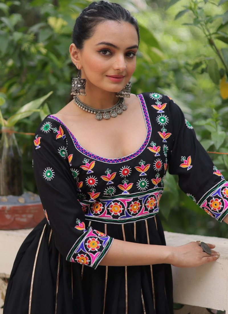 Roman Fabric Anarkali Dress with Multicolour Thread & Gota Lace Work