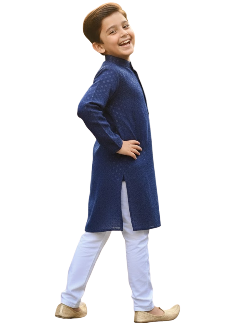 Navy Blue Kids Kurta Pajama – Festive Silk Kurta with Cotton Pyjama