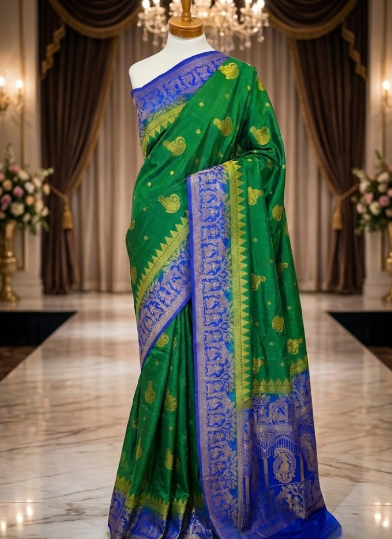 Bangalori Baluchuri Silk Saree – Green & Blue with Blouse Piece