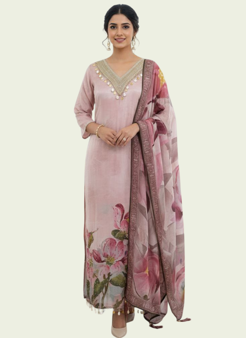 Light Pink Salwar Kameez with Embroidery & Printed Dupatta