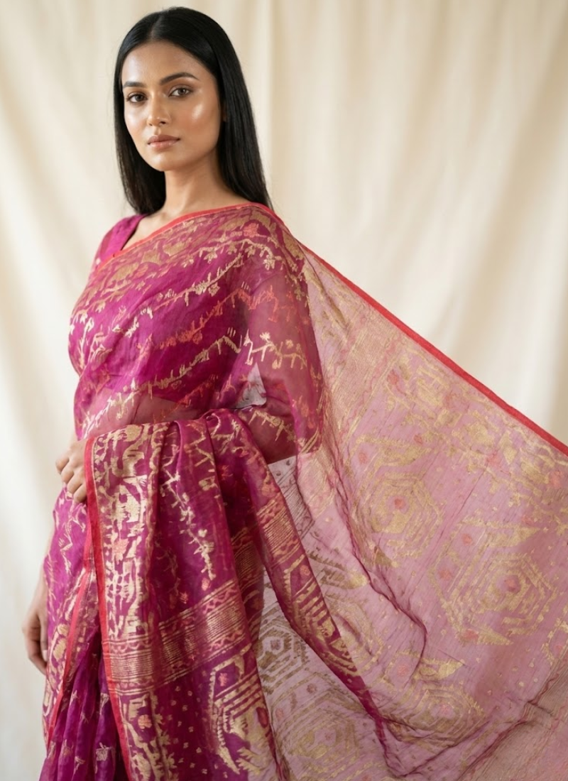 Dark Magenta Jamdani Saree with Mari Thread Work