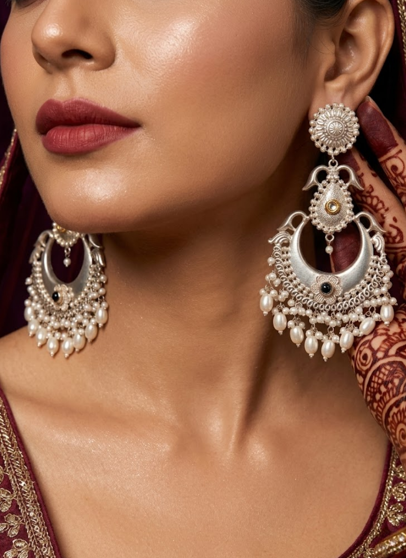 Silver Polished Panchi Fusion Earrings, affordable Indian Earrings Australia
