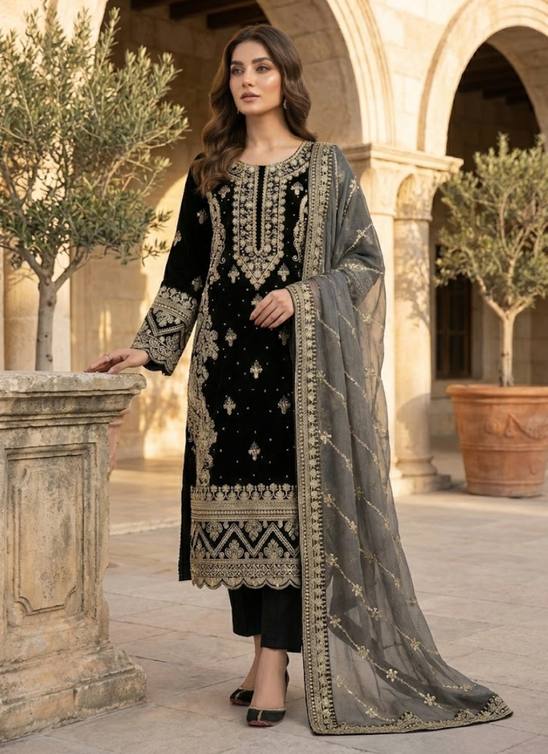 Faux Georgette Straight Punjabi Suit with Sequins & Moti Embroidery + Dupatta