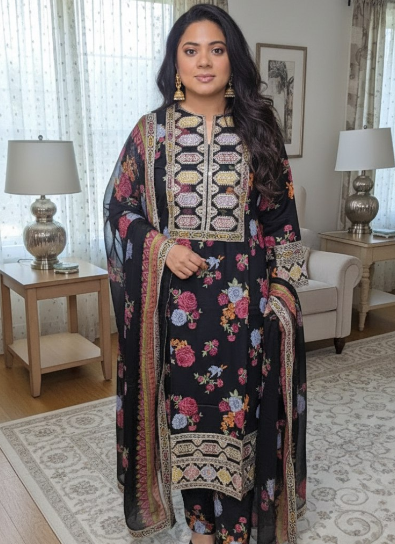 Luxury salwar kameez suit with lawn cotton kameez and salwar, chiffon dupatta, and festive embroidery.