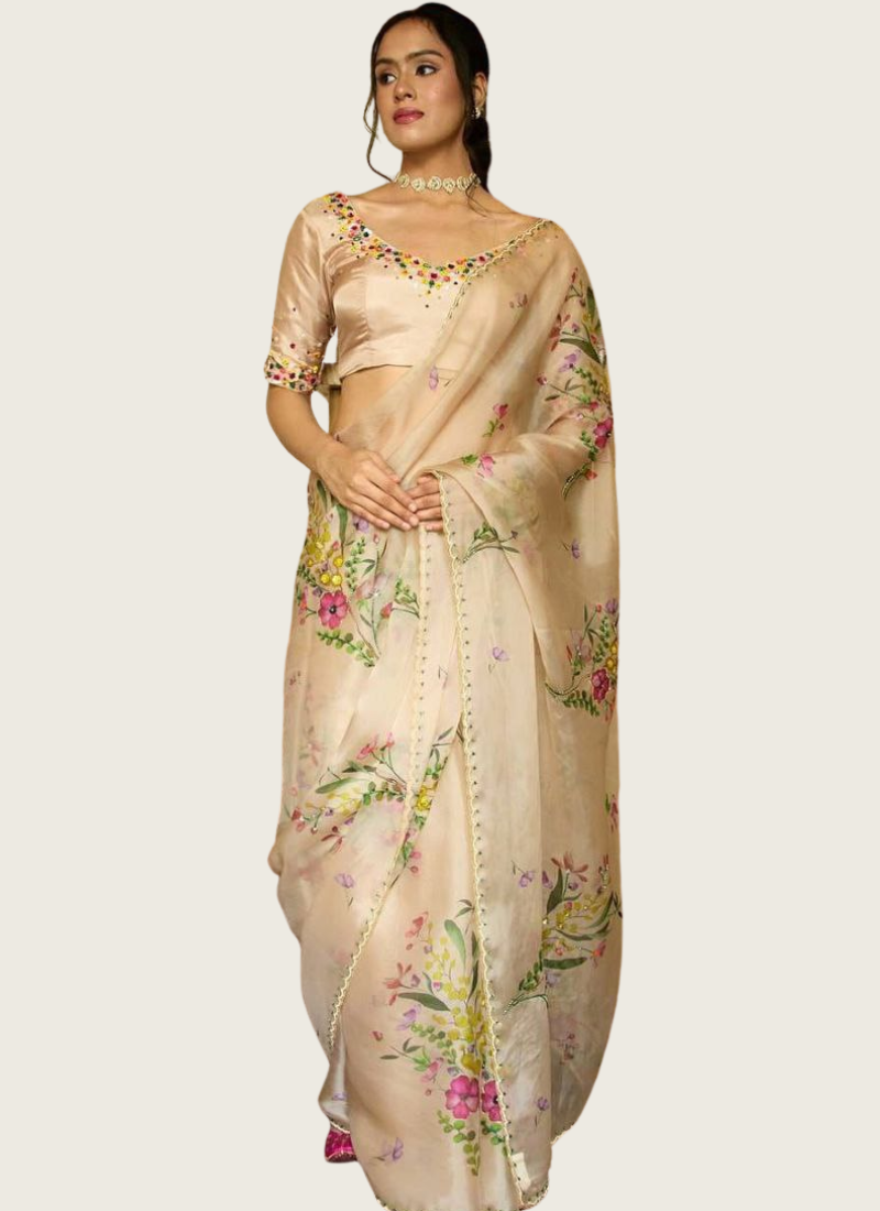 Soft Tebby Silk Saree with Floral Print & Katdana Handwork + Jalpari Silk Blouse