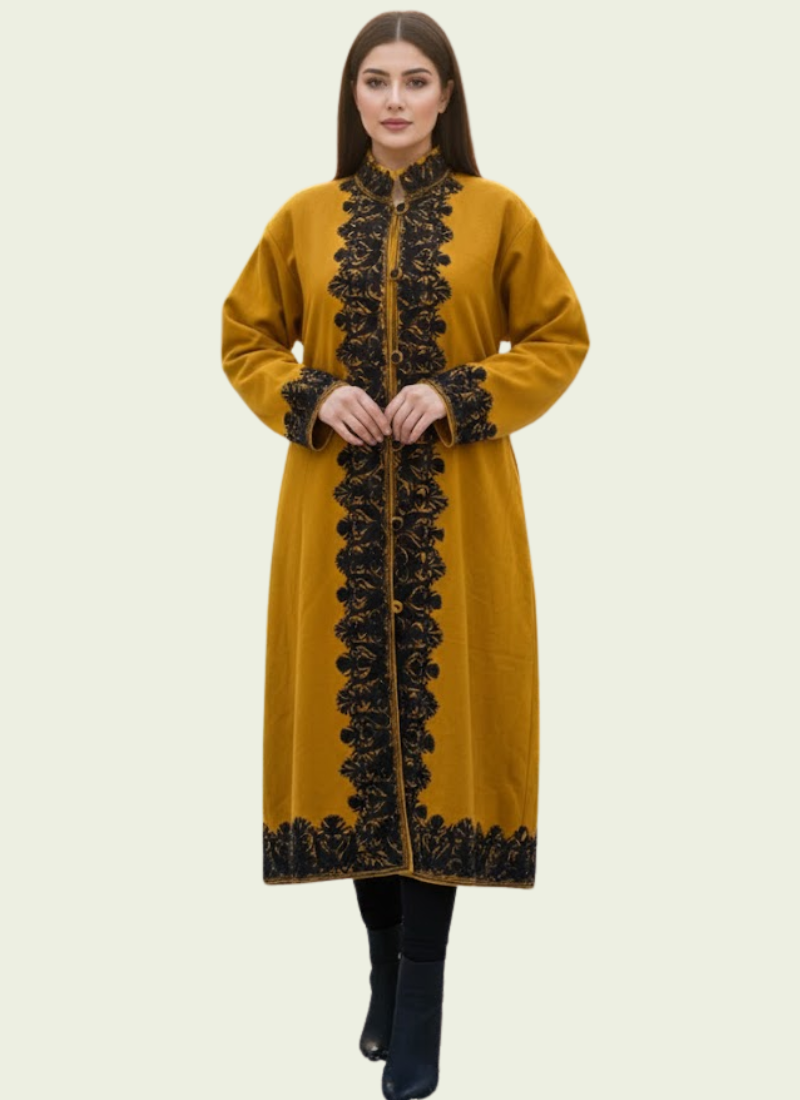 Kashmiri Pashmina Coat – Mustard Yellow Embroidered