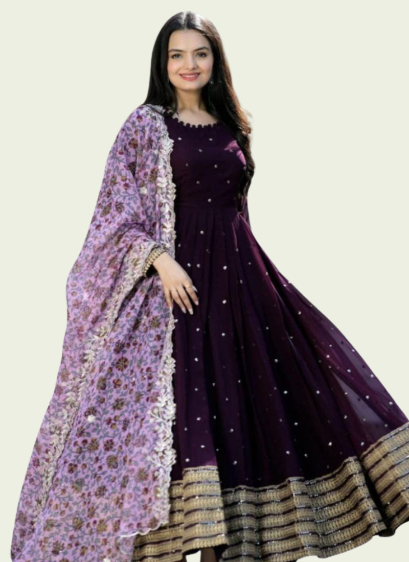 Purple Georgette Anarkali with Printed Dupatta