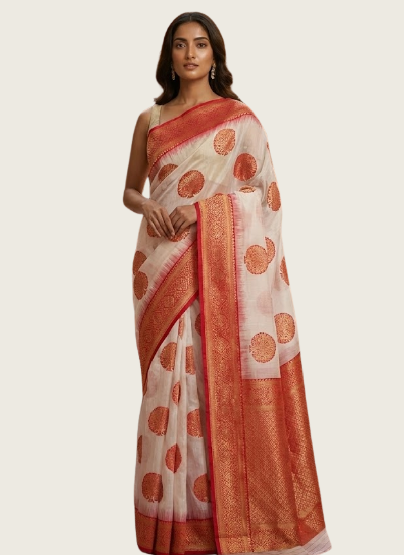 Assam Silk Saree with Blouse Piece – White & Red Zari