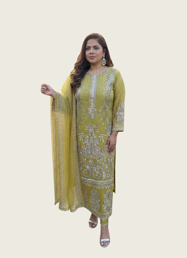 Lemon Yellow Pakistani Salwar Suit – Embroidered Organza with Dupatta