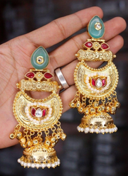 Sea Green Red Golden Kashmiri Earrings 4