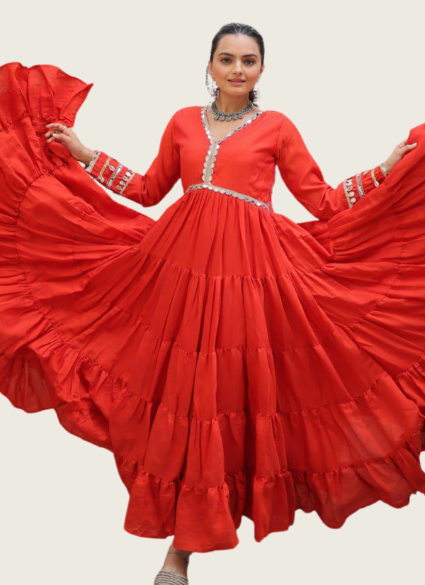 Roman Fabric Anarkali Gown with Mirror Lace & Maslin Dupatta (Sizes L–Free Fit) Australia