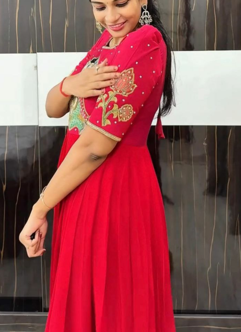 Georgette Kalamkari Anarkali Dress with Maggam Handwork