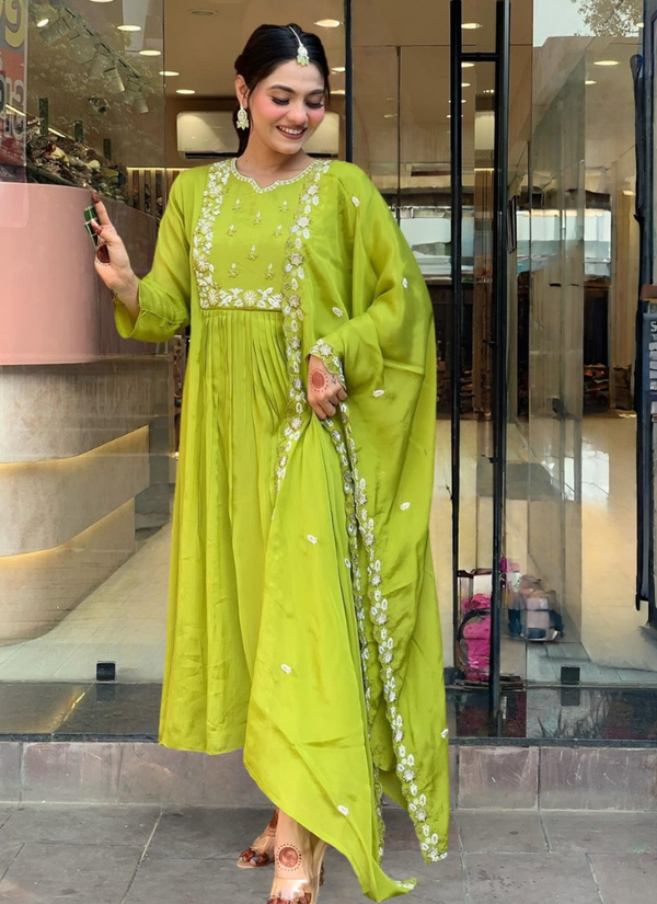 Lemon Yellow Chinon Kurta Set with Dupatta