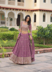 Faux Georgette Lehenga Choli with Sequins & Zari Embroidery + Lace Dupatta 7