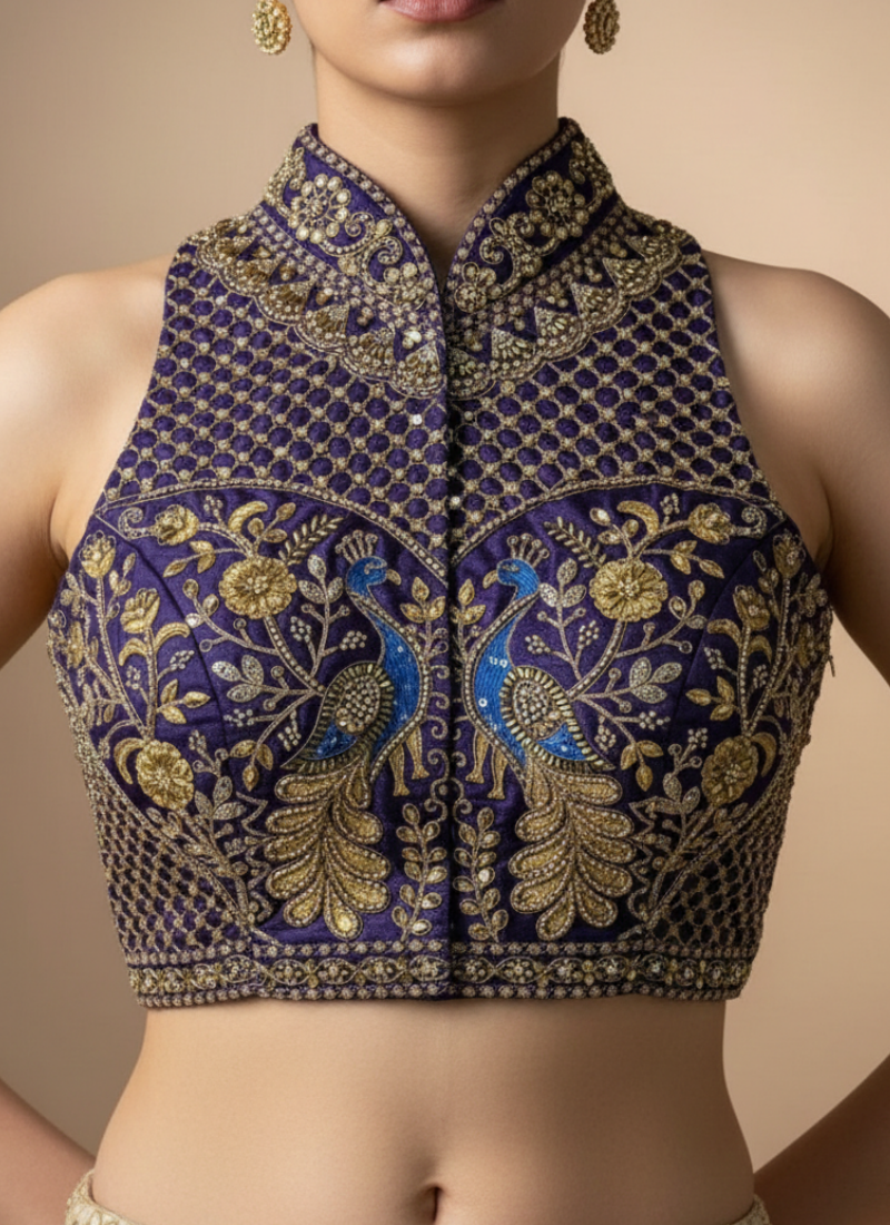 Peacock Silk Party Blouse with Hand Work
