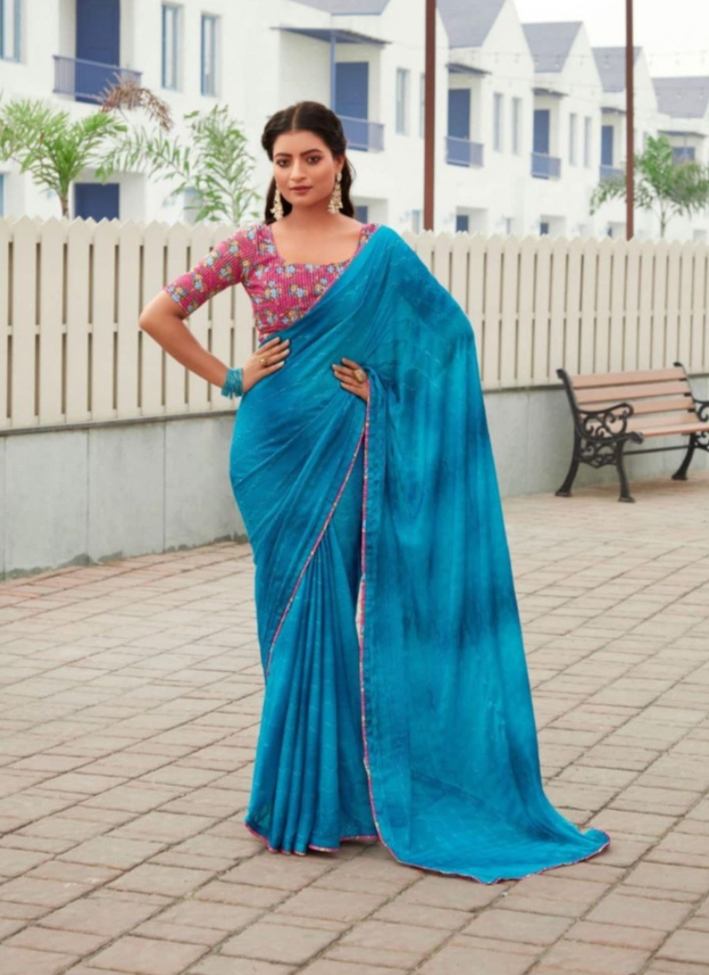 Blue Chiffon Saree with Stitched Floral Blouse