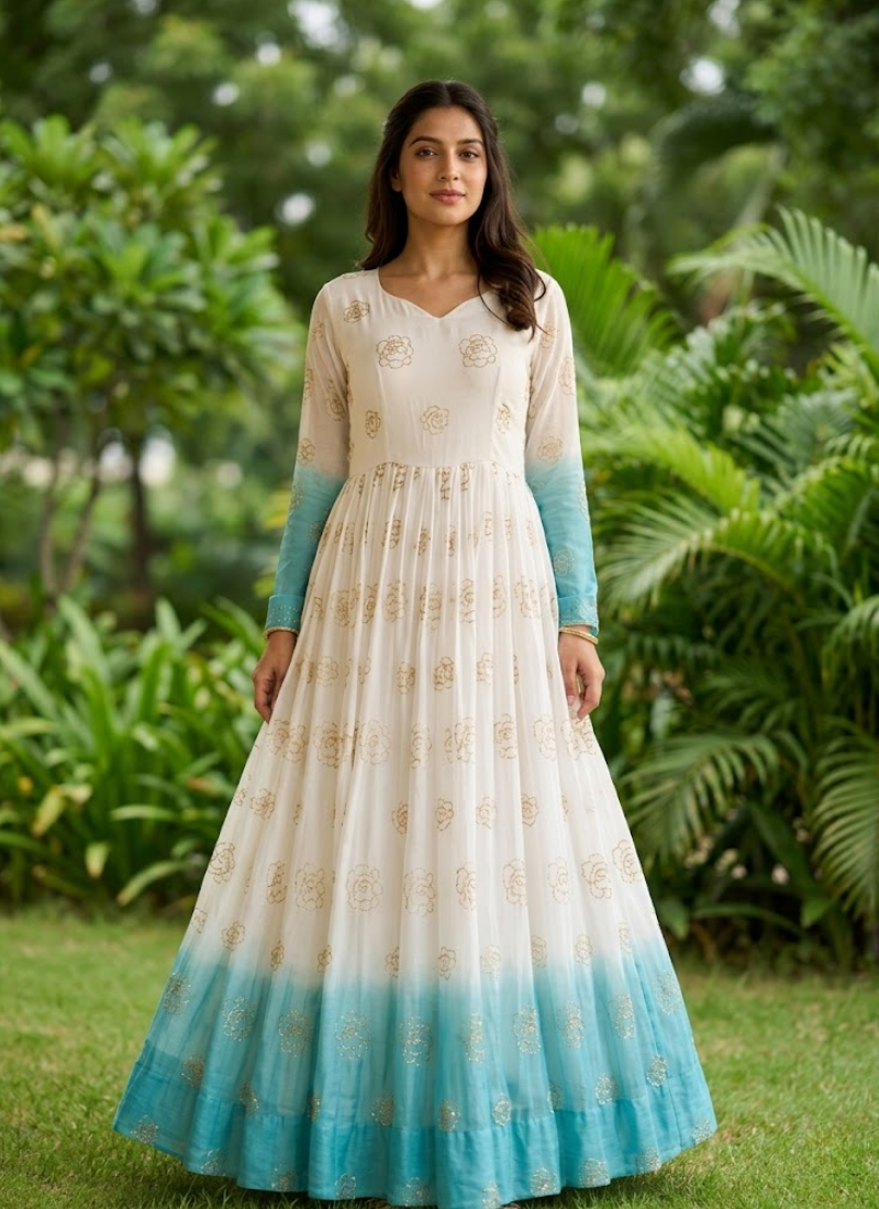 Premium Designer Crunchy Silver Gown – Pipe Sequins Embroidery Work Australia