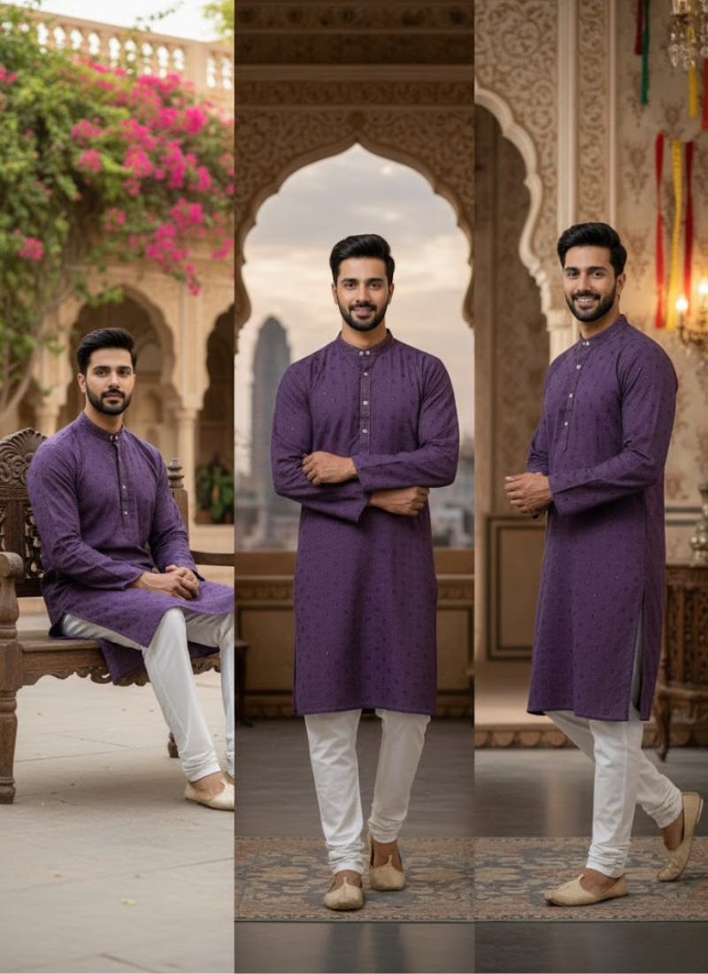 Men’s Kurta – Light Purple Linen Cotton with Embroidery