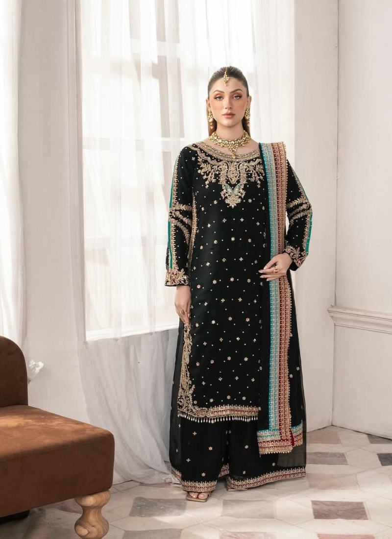 Black Georgette Shalwar Kameez with Sequins & Pearl Mirror Work + Dupatta