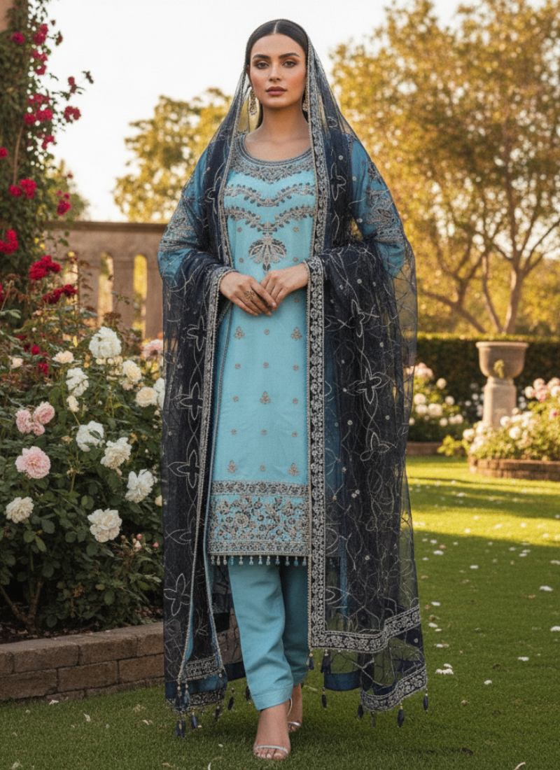 Pakistan Salwar Suit – Light Blue & Navy with Embroidery