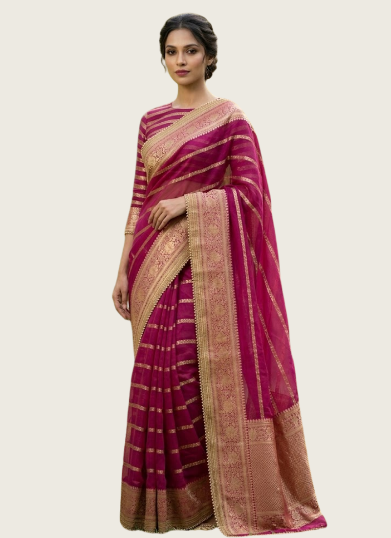 Magenta Banarasi Organza Saree with Blouse Piece, Indian wedding outfits Australia