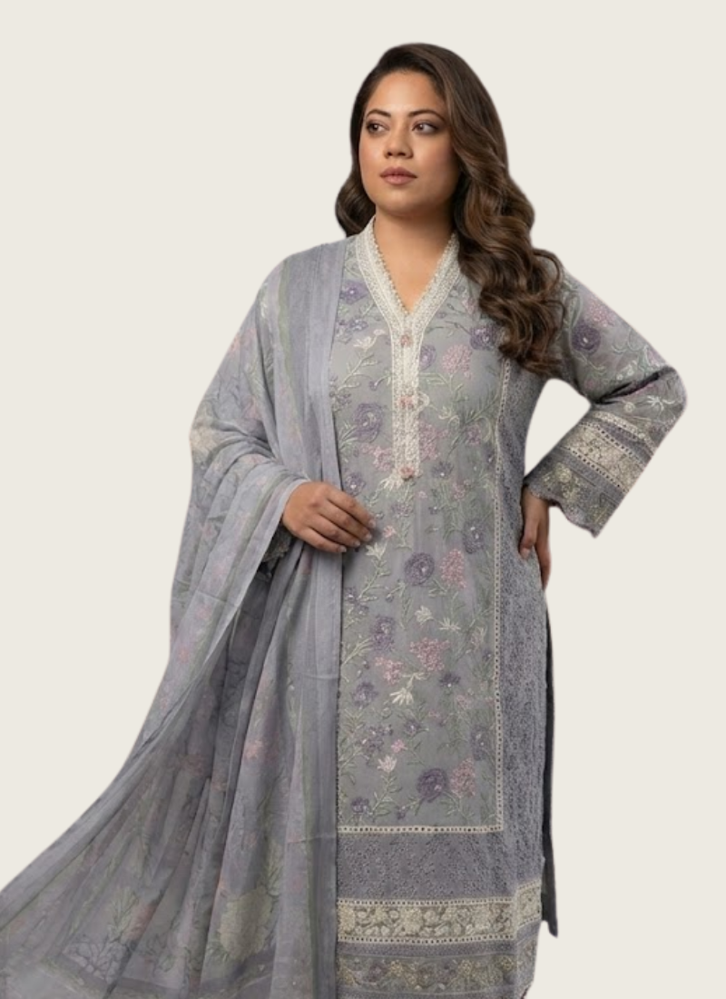 Ash Chiffon Salwar Kameez with Embroidery & Chikankari