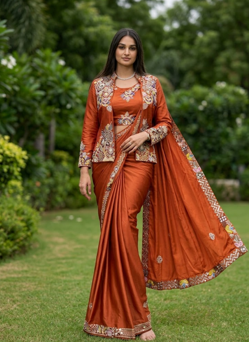 Party Jacket Saree – Heavy Crepe Satin with Embroidery Work Australia
