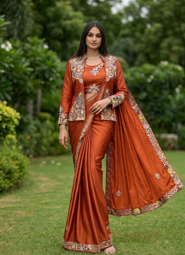 Party Jacket Saree – Heavy Crepe Satin with Embroidery Work | Indian Designer Saree Online Australia